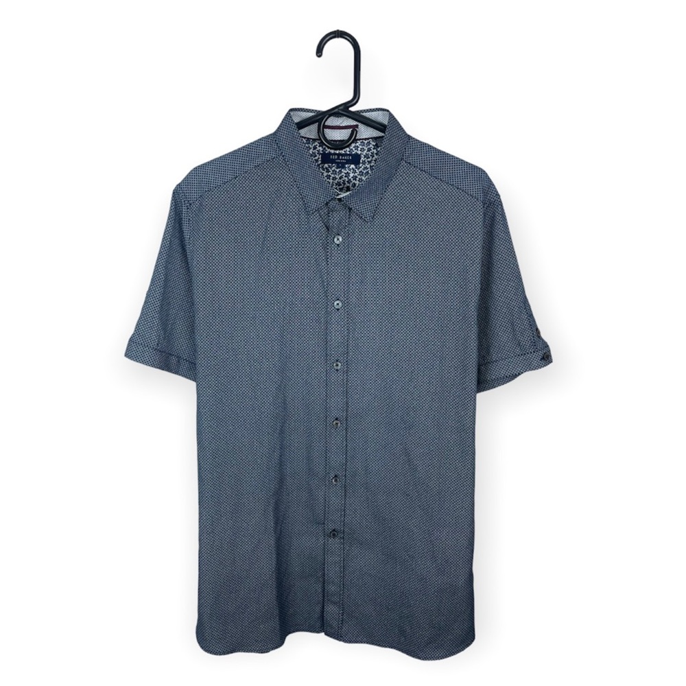 Ted Baker London Men’s Button Down Shirt Short Sleeve Geo Pattern Navy Blue 5
